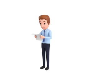 Businessman character reading paper in 3d rendering.