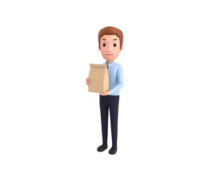 Poster - Businessman character holding paper containers for takeaway food in 3d rendering.