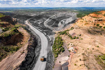 Wall Mural - Open pit mine, extractive industry for coal, top view aerial drone