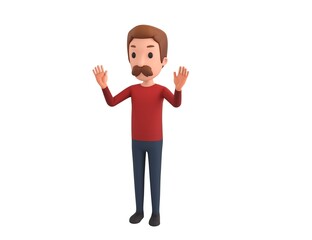 Wall Mural - Man wearing Red Shirt character raising hands and showing palms in surrender gesture in 3d rendering.