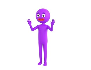 Wall Mural - Purple Man character raising hands and showing palms in surrender gesture in 3d rendering.