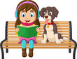 Cartoon little girl sitting and reading a book on a park bench with her dog