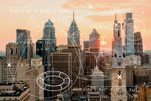 Aerial Panoramic Skyline Of Philadelphia Financial Downtown, Pennsylvania, USA. City Hall Clock Tower At Sunset. Technologies, Education Concept. Academic Research, Top Ranking Universities, Hologram