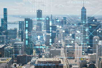 Aerial panorama city of Chicago downtown area and Lake, day time, Illinois, USA. Birds eye view, skyscrapers, financial district. The concept of cyber security to protect confidential information