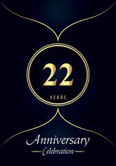 22 years anniversary celebration logo with gold dotted circle and Arabic style design on blue charcoal background. Premium design for weddings, happy birthday, greetings, ceremony, poster, banner.