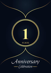 1 years anniversary celebration logo with gold dotted circle and Arabic style design on blue charcoal background. Premium design for weddings, happy birthday, greetings, ceremony, poster, banner.