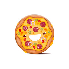 Sticker - Cartoon pizza fast food character. Funny vector whole street junk meal with kawaii face. Smiling takeaway snack with olives, sausages, onion and red pepper on cheese layer isolated italian delicacy