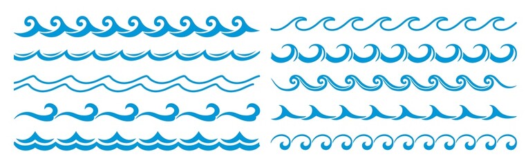 Sea and ocean surf wave line, blue water wave borders, frame lines and dividers. Vector embellishments of nautical pattern with stormy water ripples, curves, marine swirls, curls and scrolls