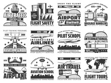 Aviation Icons Of Airport Planes And Airline Luggage Service, Flight Tours And Pilot School, Vector Emblems. Aviator Academy Training And Retro Propeller Plane Travel Tours, Air Tourism And Vacations