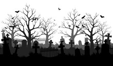 Old Cemetery Silhouette, Abandoned Graveyard In Halloween Night, Vector Background. Scary Spooky Cemetery With Graves, Gravestones And Tombstones With Bats On Trees And Fog Mist Sky