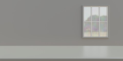 Office window at edge of an empty gray wall background. Copy space, banner. Ad template. 3d render