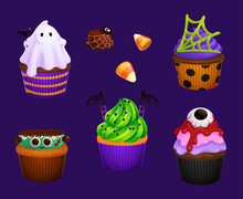Funny Halloween Cupcake, Candy Corn And Chocolate Candy Vector Desserts. Halloween Holiday Trick Or Treat Party Sweet Food, Muffins With Cream, Ghost, Bat, Eyeball And Zombie, Witch, Spider Web Decors