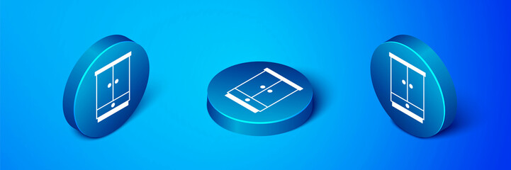 Wall Mural - Isometric Wardrobe icon isolated on blue background. Cupboard sign. Blue circle button. Vector