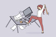 © Dzianis Vasilyeu - Angry woman employee crash office table suffer from nervous breakdown at workplace. Furious businesswoman break furniture in cabinet having burnout. Vector illustration.