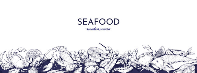 Sea food pattern. Fresh marine fish, and ocean products, lobster and salmon, cooked ingredients, restaurant menu background, sketch seafood, gourmet dinner. Vector seamless background