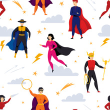Superman Pattern. Seamless Comic Background With Characters Flying In American Costumes. Lightning Stars And Clouds In Sky. Art Vector Symbols. Decor Textile, Wrapping Paper. Cartoon Print