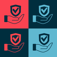 Pop Art Shield In Hand Icon Isolated On Color Background. Insurance Concept. Guard Sign. Security, Safety, Protection, Privacy Concept. Vector