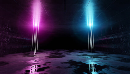 Aufkleber - Futuristic blue and pink neon lights interior. Cyber neon laser tubes in garage room hangar. Sci fi dark tunnel warehouse with metal panels wall lighted. Construction corridor 3d Rendering