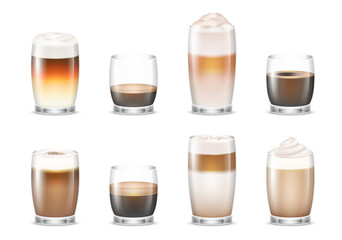 Set of black and coffee with milk in clear glasses. Realistic coffee beverages espresso, cappuccino