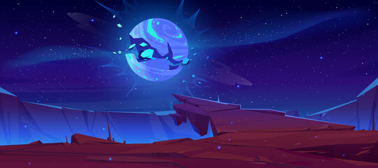 Wall Mural - alien planet futuristic landscape with exploding glowing moon or satellite above rock cliff in dark 