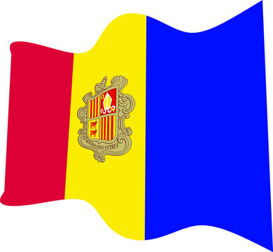 Waving Vector Flag Of Andorra, Landlocked Microstate In Europe, Isolated On White Background.