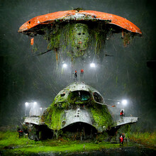 Human Exploring Giant Military  Spaceship Abandoned Covered In Moss And Rust In The Rain
