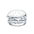 Burger with lettuce, tomato slices and beef steak. Hand drawn vector illustration