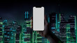 © RocknRoller Studios - Phone with Blank Screen. Cyberpunk Style Template with Green and Blue neon Cityscape Background.