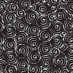  Abstract seamless pattern with black and white spiral doodles. Vector repeating background for wallpaper, wrapping paper, fabric, clothes. Retro squiggle freehand texture with monochrome graphic print