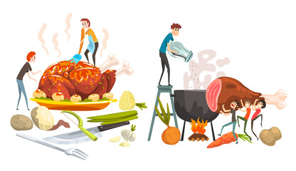 Poster - Small Man Cooking Giant Food with Turkey on Plate and Pot on Burning Fire Vector Set