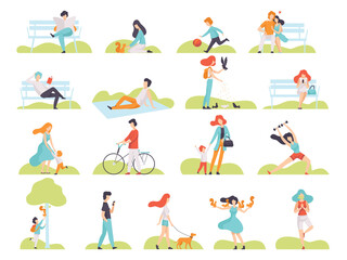 Wall Mural - People Characters Walking in Park Sitting on Bench, Feeding Pigeons, Playing with Squirrel and Doing Sport Vector Set