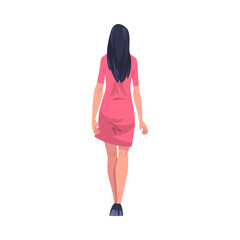 Sticker - Woman Character with Long Hair in Dress Standing Back View Vector Illustration