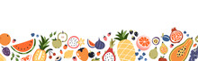 Fresh Fruit, Berry Border On Horizontal Banner. Exotic Summer Food, Natural Vitamins, Decorative Edge. Apples, Watermelon, Orange Ornament. Flat Vector Illustration Isolated On White Background