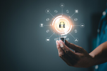 Wall Mural - businessman showing concept system protection and access to secure digital data with cyberspace netw