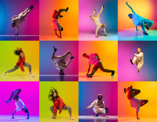 Wall Mural - Collage with break dance or hip hop dancers dancing isolated over multicolored background in neon. Youth culture, freestyle, movement, music, fashion and action.