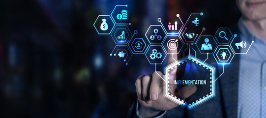 Internet, business, Technology and network concept. IMPLEMENTATION, web technology concept. Virtual button.