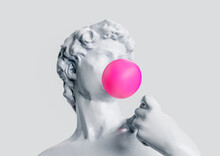 Vapor Wave Abstract Style Greek Statue With Bubble Gum. Cyber Punk Style Background Concept. 3D Rendering