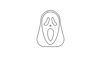 Wall Mural - Black line Funny and scary ghost mask for Halloween icon isolated on white background. Happy Halloween party. 4K Video motion graphic animation