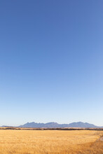 Distant View Of Mountains Under A Vast Blue Sky With Golden Fields In Foreground