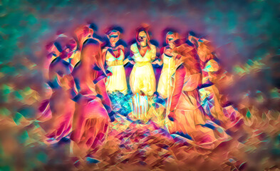 Poster - Women at the night ceremony. Ceremony space. Painting effect.