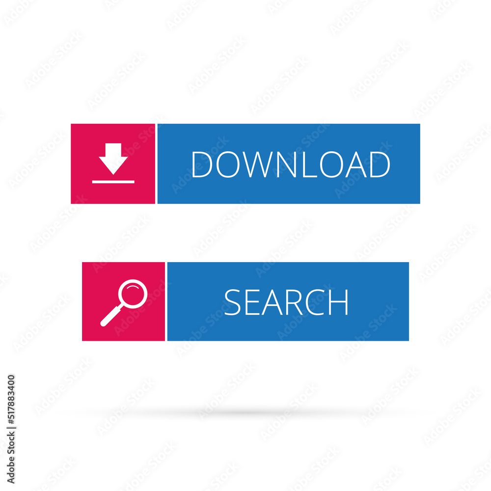Search and download buttons icon simple flat vector square shaped blue ...