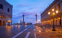 Ducal Palace On Piazza San Marco Venice Landscape Street Lamp Square Town Famous Landmark.