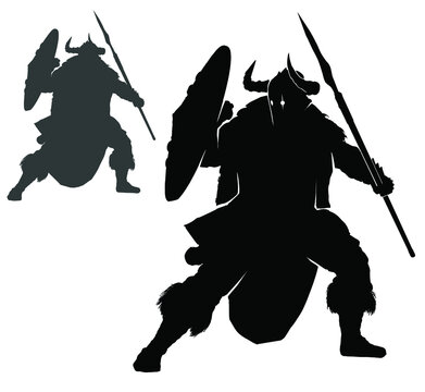 A black silhouette of a barbarian warrior in a horned helmet with a shield and a spear in a fighting stance, he is wearing skins and armor. 2d dynamic action vector art