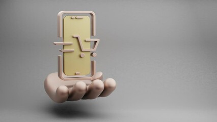 Aufkleber - Beautiful abstract illustrations Golden Hand Holding smartphone Online Shopping symbol icon on a grey background. 3d rendering illustration. Online Shopping. loops video.	