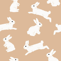 Wall Mural - Fluffy cute white rabbit seamless pattern, brown background.