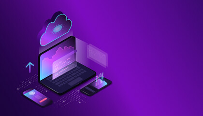 web page on a laptop screen, a mobile phone is lying, a cloud, a cloud service or an application. Modern technological background. Isometry. Conceptual banner of web technologies.