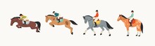 Jockey On Racing Horse. Horseback Riding, Hippodrome Racing, Equestrian Sport Concept. Hand Drawn Vector Set. Colorful Illustration. Cartoon Style, Flat Design. Isolated On White. Logo Design Template