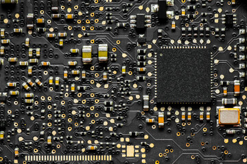 Close up of Circuit board with many chips technology on computer laptop circuit