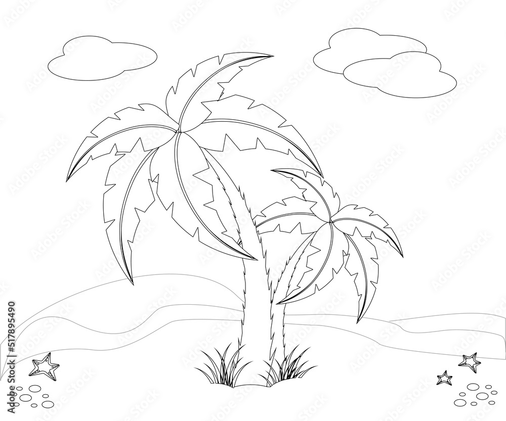 Black and White Cartoon Illustration of Desert Island with Coconut ...