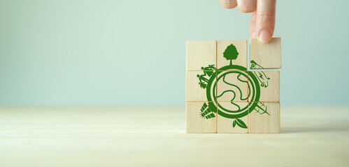 Wall Mural - Eco friendly, green company culture concept. Carbon neutral and net zero target. Sustainable enviroment and business limit global warming. Build green community. Wooden cubes with eco globe icon.